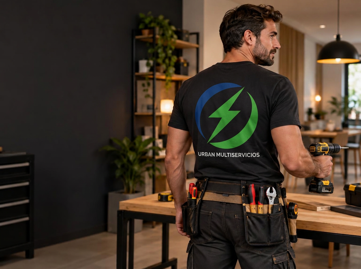 Profesional de Urban Multiservicios con uniforme y herramientas de mantenimiento